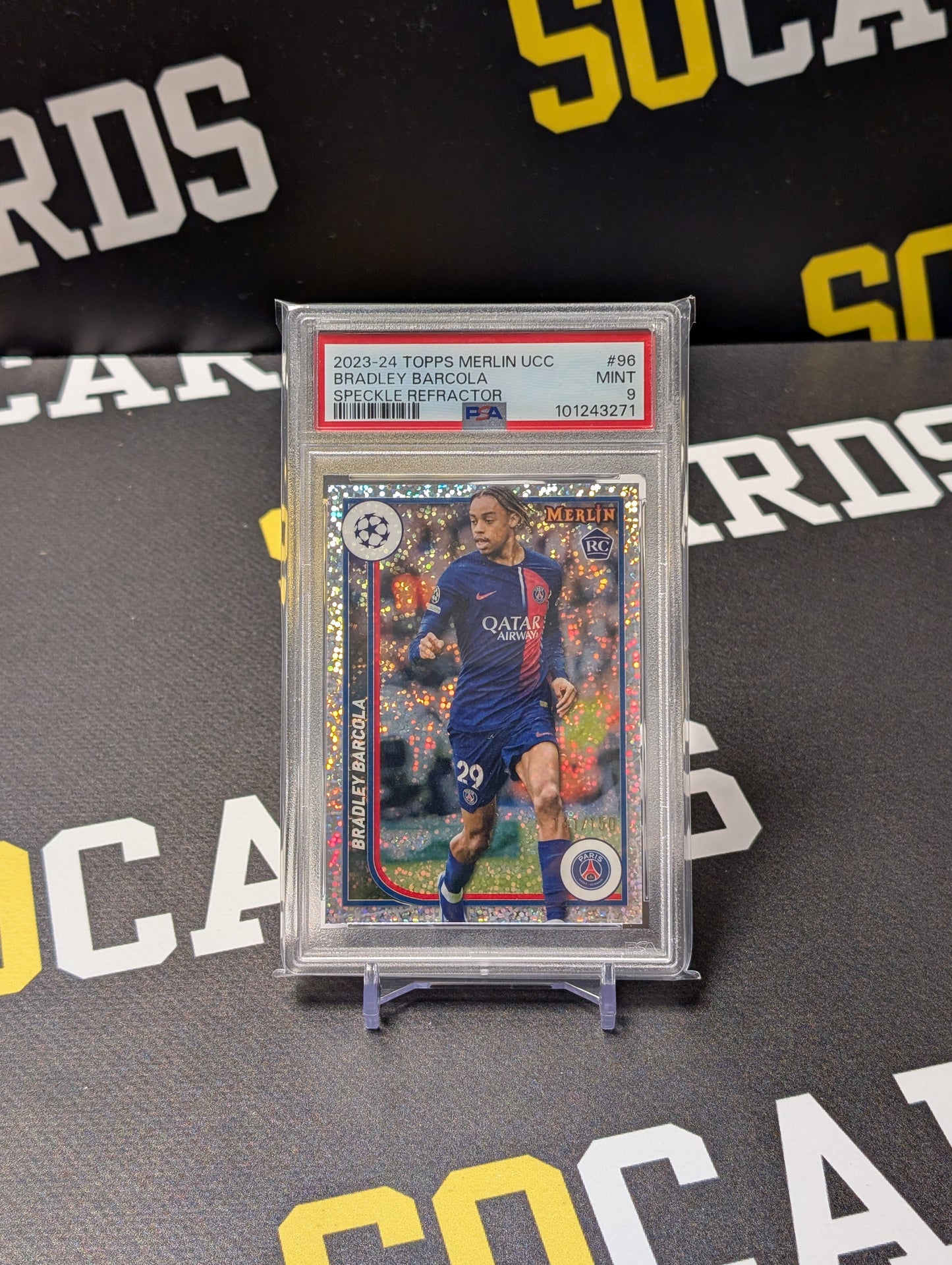 2023-24 TOPPS MERLIN UEFA CLUB COMPETITIONS BRADLEY BARCOLA ROOKIE RC /150 PSA 9