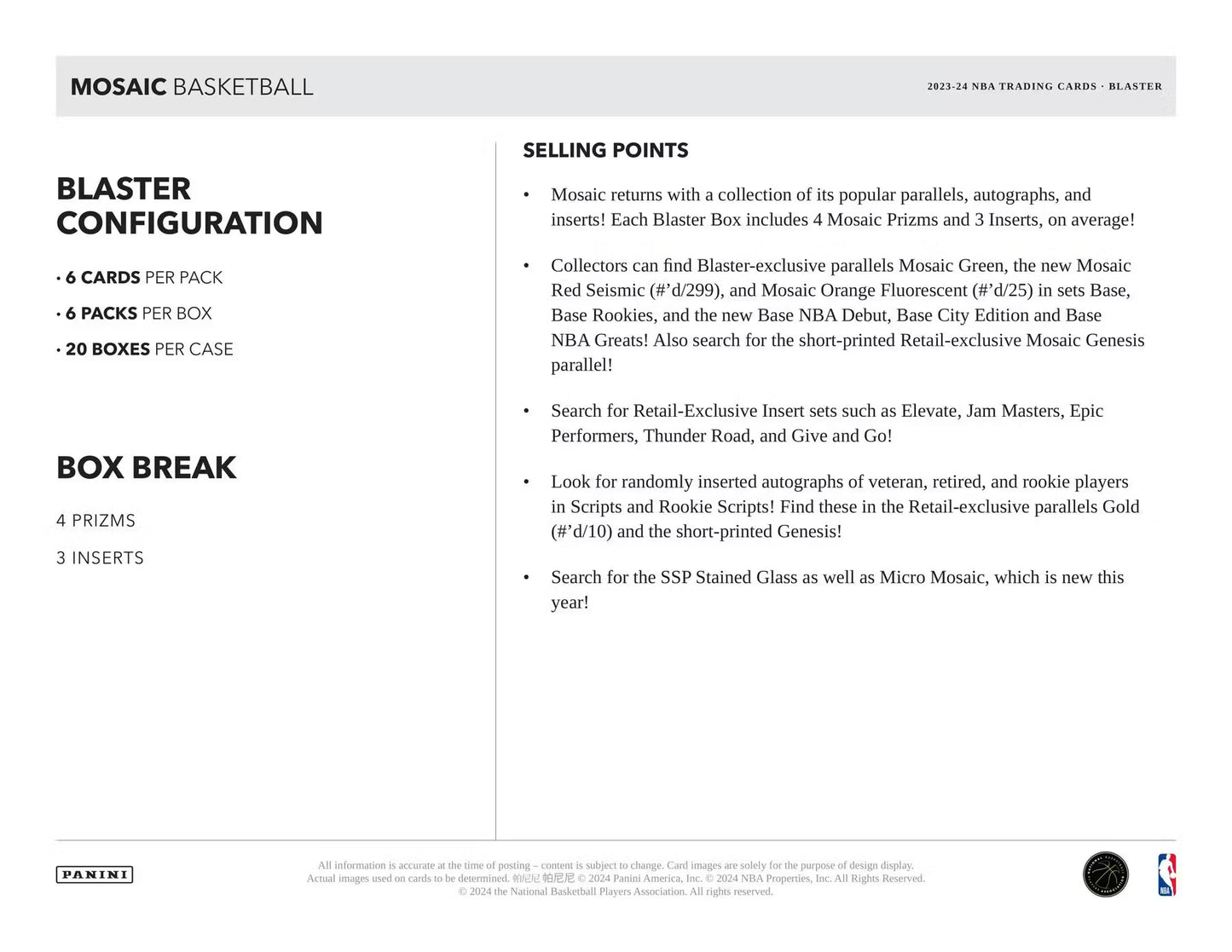 2023/24 Panini Mosaic Basketball 6-Pack Blaster Box